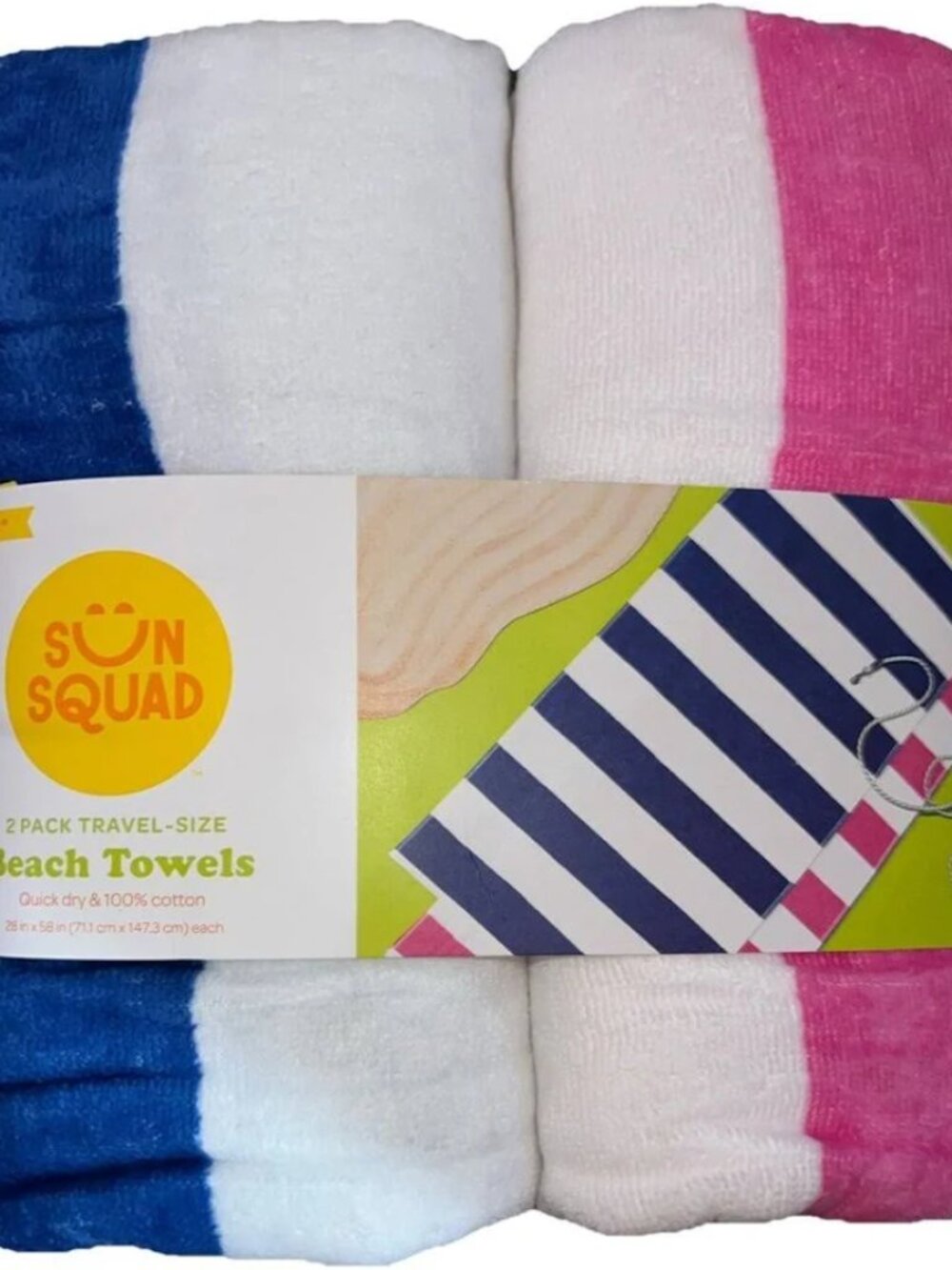 NWT Sun Squad 2-Pack Travel Size Beach Towels Quick Dry 100% Cotton 28" X 58"